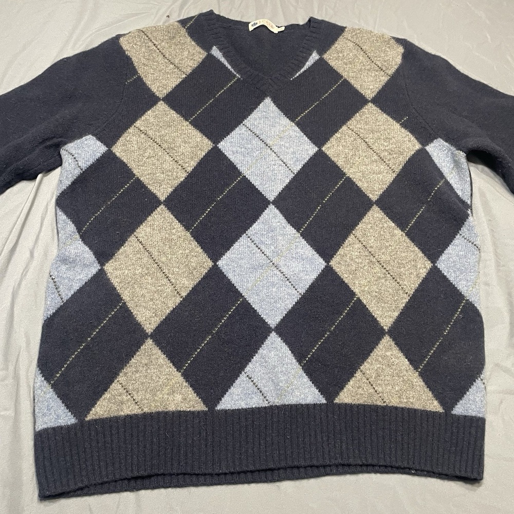 J. Crew 100% LambsWool Sweater Men's Large Blue Gray Argyle‎ V-Neck Pullover - Picture 2 of 8